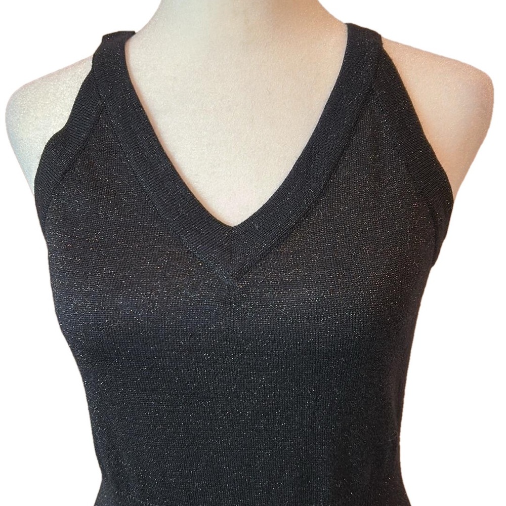 Vintage Black Wool Blend Metallic Double V Neck Tank Maxi Dress Defined Waist S - Picture 2 of 9